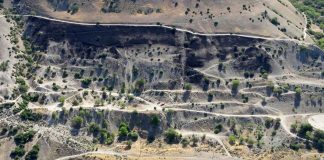 A terraced hillside with winding dirt roads and scattered trees in a rocky quarry landscape.