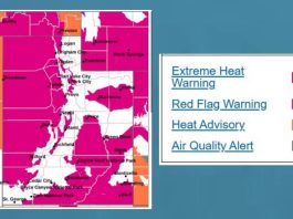 Informational map showing extreme heat zones in magenta and surrounding orange warning areas, with a legend explaining alert types on the right.