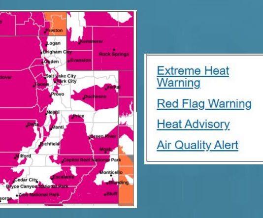 Informational map showing extreme heat zones in magenta and surrounding orange warning areas, with a legend explaining alert types on the right.